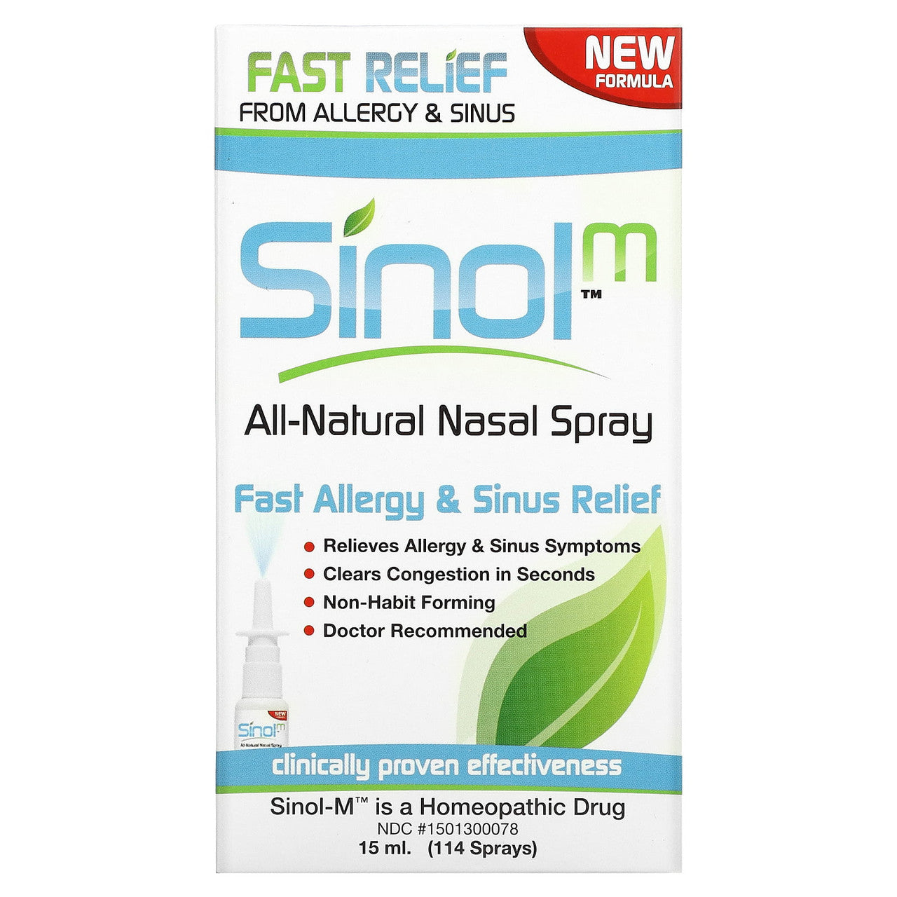 Sinol M Fast Allergy And Sinus Relief All Natural Nasal Spray With Mucoad, 15 Ml